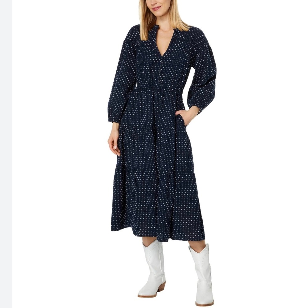 MADEWELL Dobby V-Neck Tiered Midi Dress‎ Size S jacquard navy blue